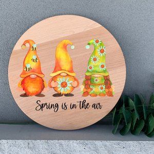 Spring is In The Air Wall Art 12" Thin Birch Round Wood Gnome Bee Flowers